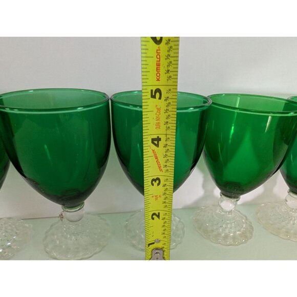 5 Vintage Anchor Hocking Bubble Foot Green Glass Goblets with Clear Stems - Picture 7 of 8